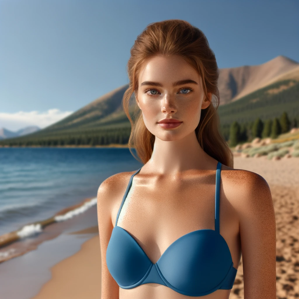 Beautiful Onlyfans Model Red Hair In A Cobalt Blue Bikini, Positioned Off In The Distance On A Sandy Beac