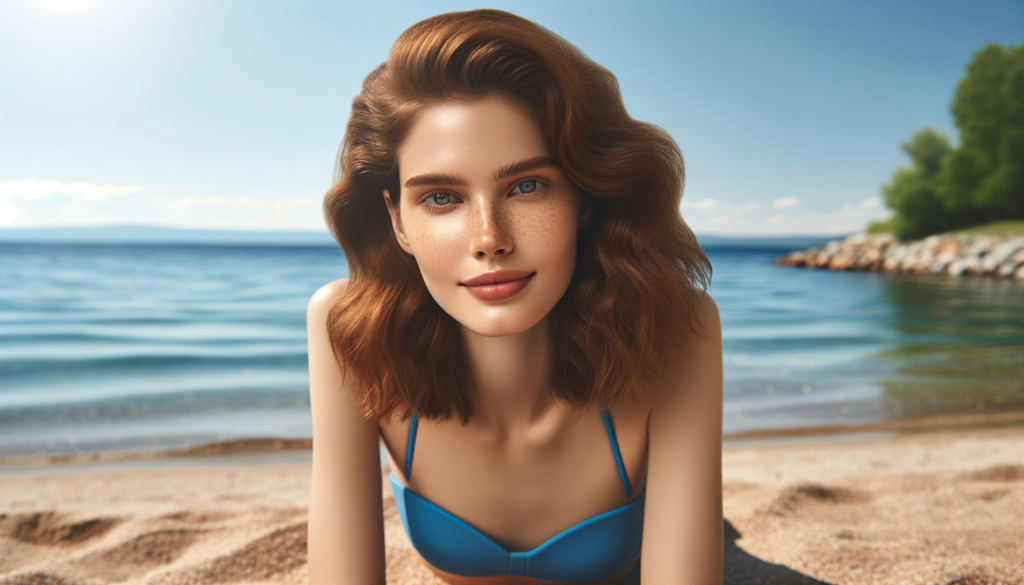 Beautiful Woman With Fair Skin And Red Hair, Lying On The Ground And Sun Tanning On The Beach In A Cobal